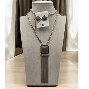 MIA Brown Fringe Pendant Necklace & Stud Earrings Set – Modern Dark Glam